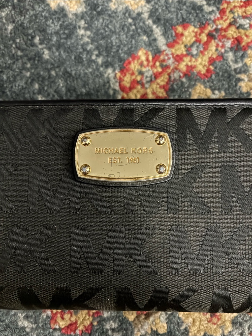 Michael Kors Black MK Logo Zip-Around Wristlet Wallet with Gold Plaque - Picture 2 of 6